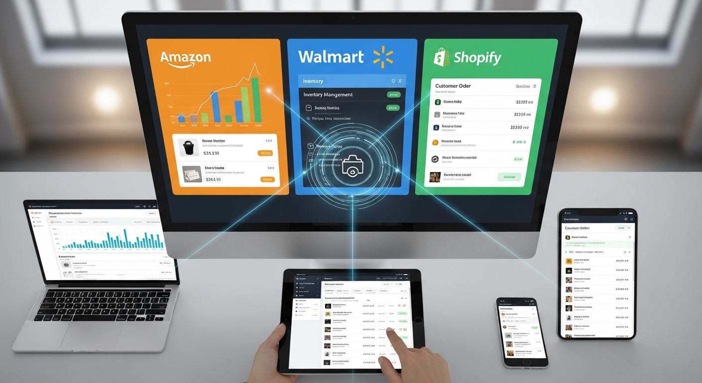 Multi-channel eCommerce automation dashboard managing Amazon, Walmart and Shopify stores